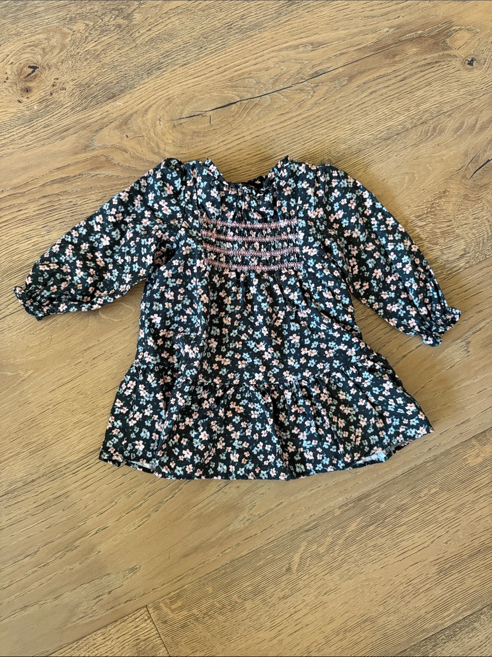 Zara Black Floral Smocked Long-Sleeve Dress with Pink & White Flowers